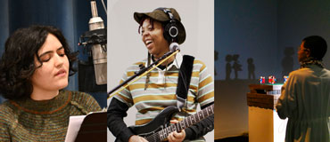 Gabriella Garcia reads into a microphone, Nicolle Swims holds a guitar, Maya Nguyen in the gallery with her installation.