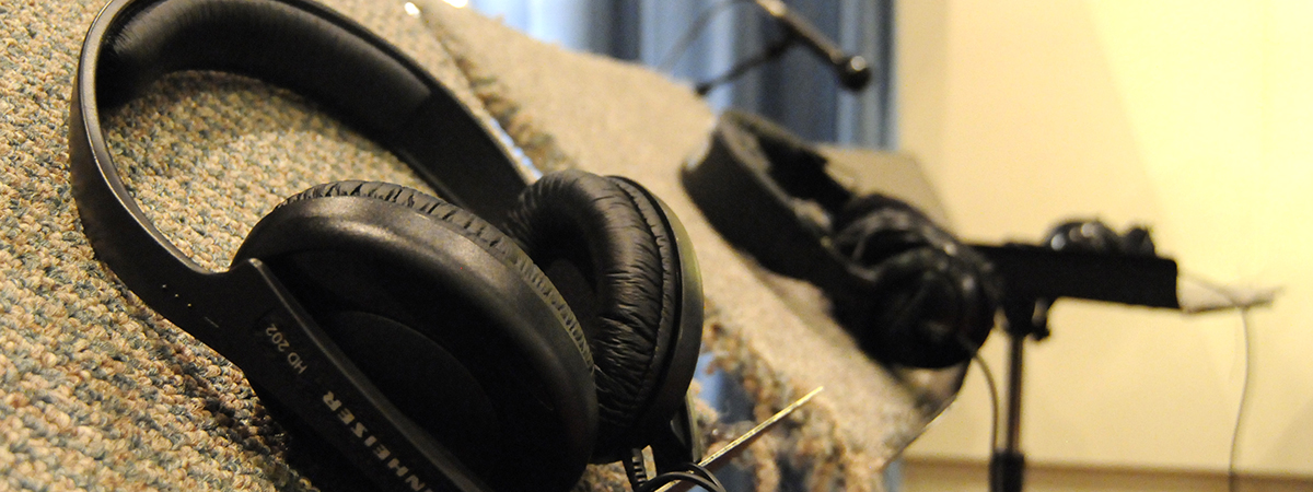 Headphones on music stands in the Jack Straw studio