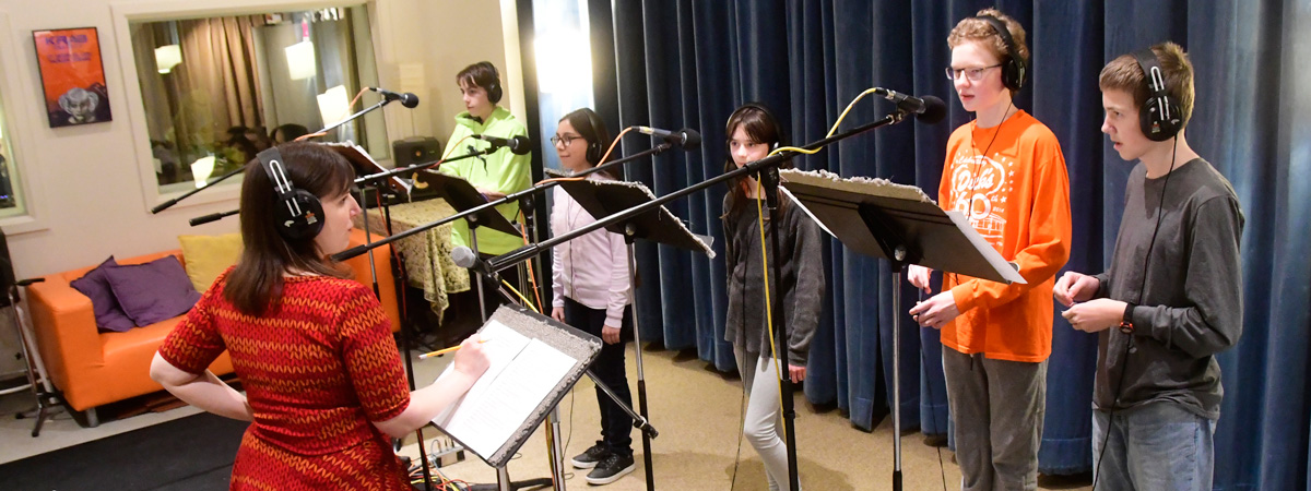 Students from Hamilton Middle School record radio theater in the studio at Jack Straw