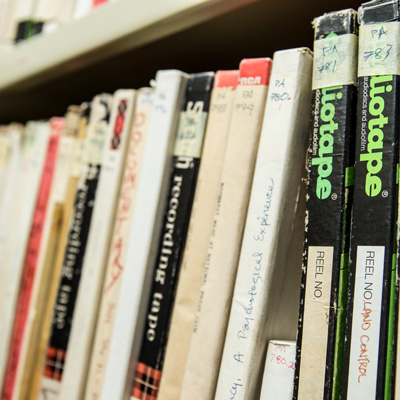 Tape boxes on a shelf in the Jack Straw archive