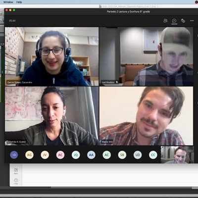 Screenshot of a Microsoft Teams meeting, with Cassandra Garcia-Stokes, Joel Maddox, Brenda Arellano, and Marco Voli in a grid
