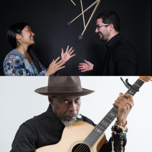 Top: arx duo, throwing sticks in the air; bottom: Reggie Garrett, holding an acoustic guitar