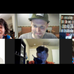 Group of six screens in a Zoom session, five smiling faces and one person-shaped icon
