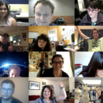 Grid of twelve screeens in a zoom session, most participants smiling