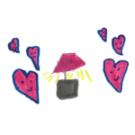 Drawing of a lamp glowing with light, pink and blue smiling hearts surrounding it.