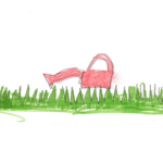 Drawing of a watering can above a green lawn