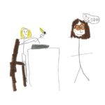 Drawing of someone sitting at a desk holding a pencil and someone standing and talking to them ("blo blo")