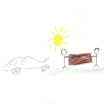Drawing of a car and two people carrying a large brown object, the sun overhead.