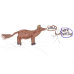Drawing of a horse saying "nehh" and a person standing next to it holding something and saying "here horsie"