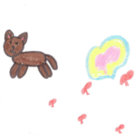 drawing of a dog with one large multicolored heart and five small red hearts behind it.