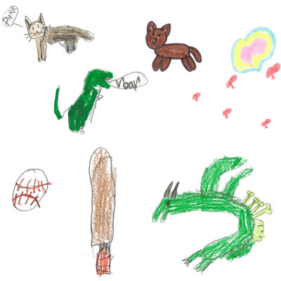 Drawings from Concord 2nd graders: a kat and a dinosaur, a dog with hearts, a baseball and bat, and a green dragon