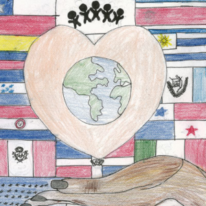 Illustration showing a globe inside a heart floating above an open hand, with flags behind and outlines of people above.