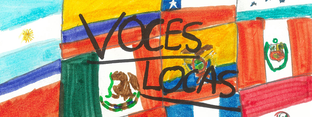 A drawing featuring a background of flags with the words 'Voces Locas' over them