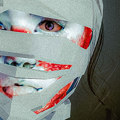 An animation still of a woman's face with red marks on it, wrapped in bandages. Eyes, nose, and lips are visible.