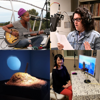 Grid of 4 images: JR Rhodes plays guitar sitting on an outdoor stage, Vincent Rendoni reads into a microphone, an installation by Peter Christenson,and Etsuko Ichikawa sits in a studio next to a microphone and computer screen.