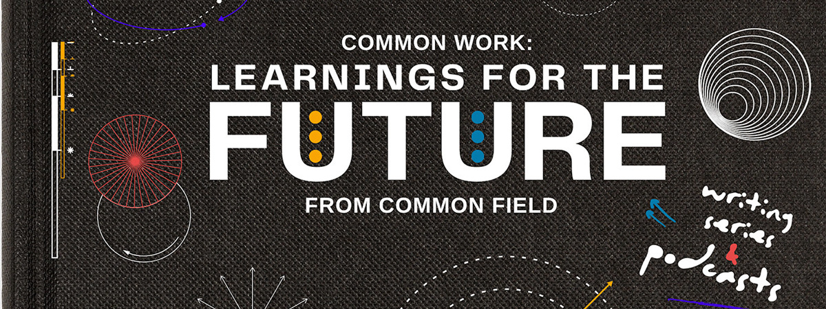Text on a textured background with geometric designs on it: Common Work: Learnings for the Future from Common Field.