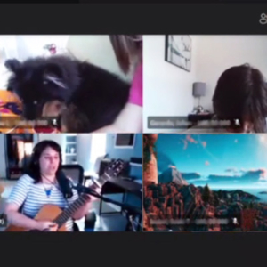 Four online meeting frames showing Tai Shan, holding a guitar, working with students at Lowell.
