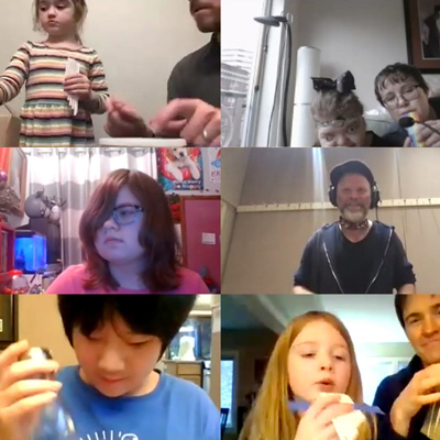 Grid of six images from an online meeting. Cameron Perry Fraser in the studio, students trying out simple instruments.