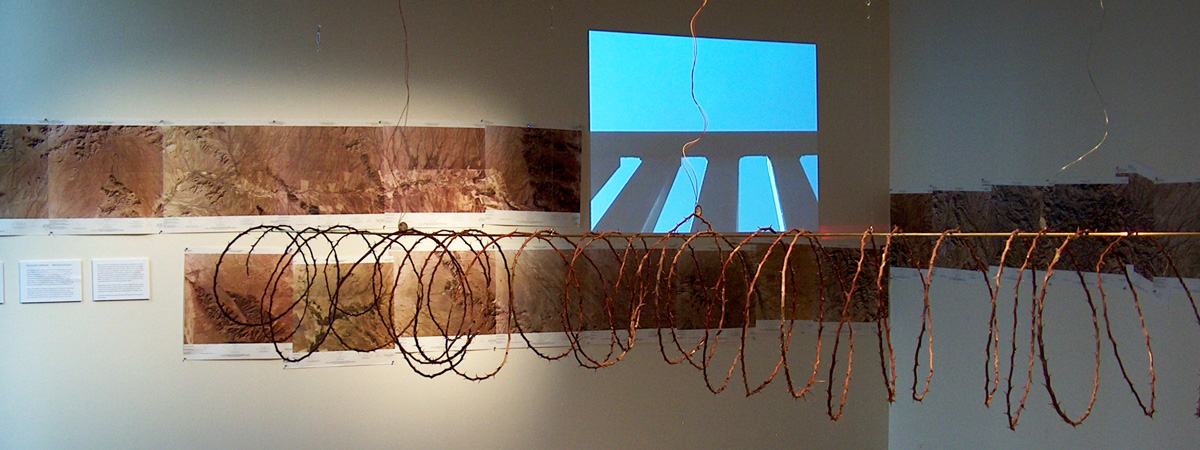 A coil of thorned vines suspended in a room with white walls. Brown images are mounted on the walls, with an image projected on the wall next to them.