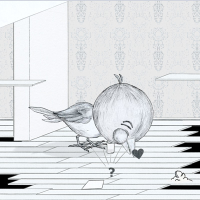 An illustration of a bird walking through a house, with missing floor boards in front and behind, and a question mark and heart below it.
