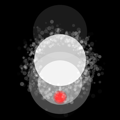 Overlapping circles of various sizes and various shades of white and grey on a black background. Two smaller overlapping red-tinted circles inside one of the larger white ones.