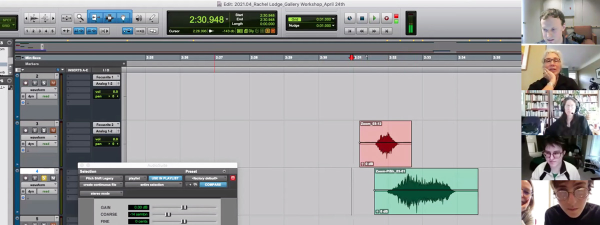 An audio editing window in ProTools, with four images on the right of people in an online meeting.
