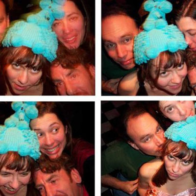 Grid of four photos of three people in various configurations, one wearing a bright-colored hat.