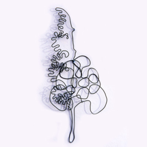 A plant-like sculpture made of wire on a white background.