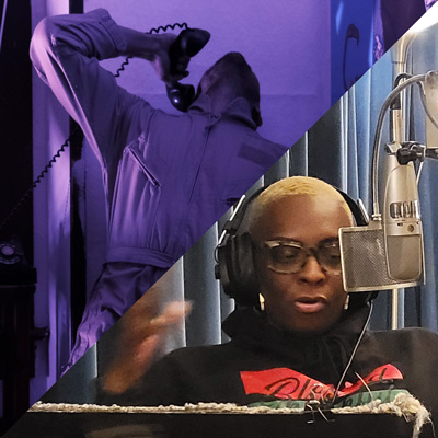 Image split in half diagonally: top left, Justin, lit in purple, leaning back and holding a wired black telephone; bottom right, Jazmyne wears headphones at a microphone.