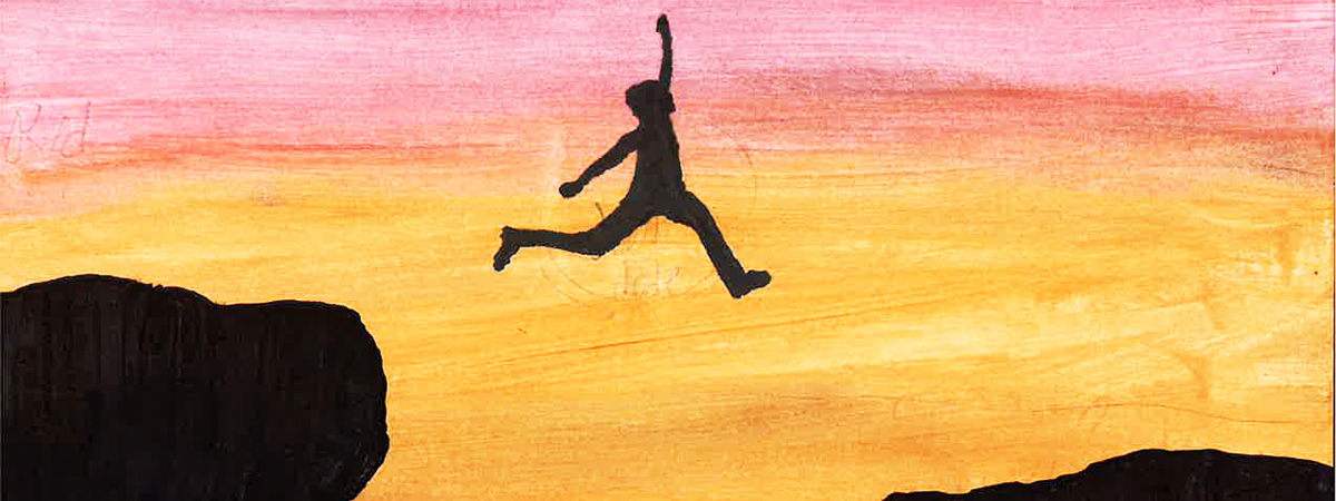 Illustration of a figure in silhouette jumping between two black shapes, with an orange and pink background.