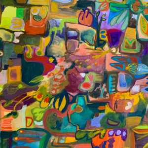 A colorful painting with a variety of abstract, interlocking shapes