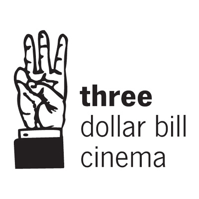 Line drawing of a hand holding up three fingers next to the words 'three dollar bill cinema.'