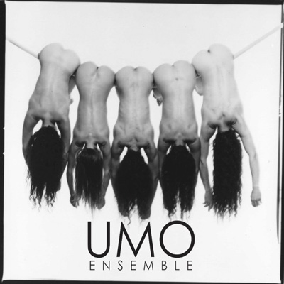 Black and white photo of five people hanging over a rope, with their backs and rear ends exposed and hair hanging down. The words UMO Ensemble below.