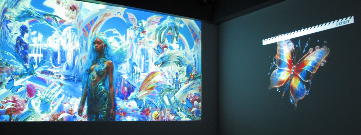 A gallery space with two projections: An image of a person in a bright, fantastical landscape, and a butterfly on a dark background.