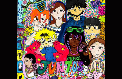 Colorful illustration of youth with various icons, animals, and flowers. Text reads "Denny International Middle School y Jack Straw Cultural Center con Raul Sanchez y Carlos Nieto Mosqueda. Juntos Somos."