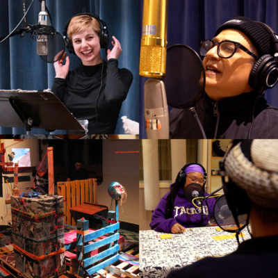 Makayla Danielle Gay, Nacha Mendez, and Jasmine Iona Brown in recording studios; Till the Teeth's installation we being so in the New Media Gallery.