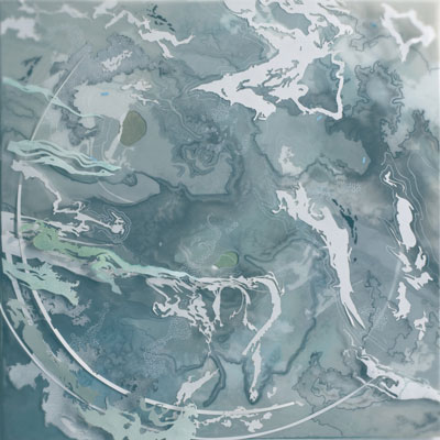 A blue, grey, and white image that appears to be abstracted from sea, clouds, and glaciers.