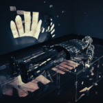 A human shape made of mirrors, emitting light, lies on a clear platform in a darkened room. Images and shapes are projected on the wall.