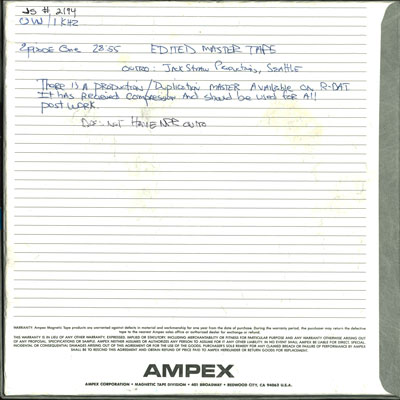 An audio tape box with handwritten text: Episode One, 28:55, Edited Master Tape. Outro: Jack Straw Productions, Seattle. This is a production/duplication master available on R-DAT. It has received compression and should be used for all post work. Does not have NPR outro.