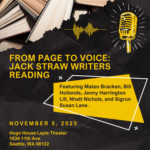 Background with books, icons of audio waveforms and a microphone. Text reads From Page to Voice: Jack Straw Writers Reading. Featuring Mateo Bracken, Bill Hollands, Jenny Harrington Lill, Nhatt Nichols, and Sigrun Susan Lane.