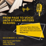 Background with books, icons of audio waveforms and a microphone. Text reads From Page to Voice: Jack Straw Writers Reading. Featuring Hillary Behrman, Asha Dore, Makayla Danielle Gay, Monique Ouk, and Connor Watkins-Xu.
