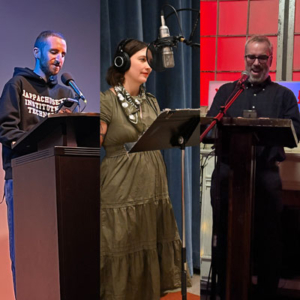 Photos of Connor Watkins-Xu, Nhatt Nichols, and Bill Hollands reading their work.
