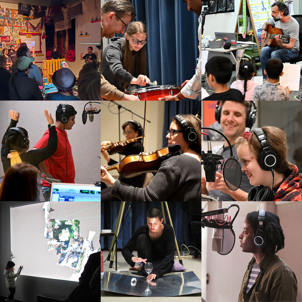 Nine images of people of all ages creating, presenting, and experiencing art and music in a classroom and Jack Straw's studios and gallery.