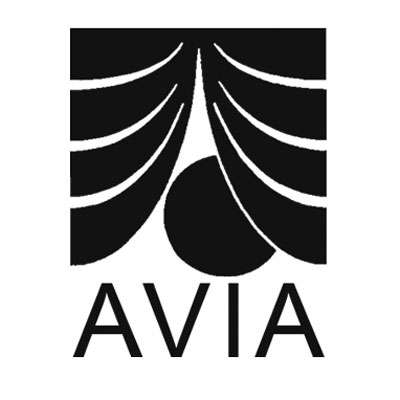 Black and white icon of curtains opening to reveal a black circle, with the letters AVIA below it.