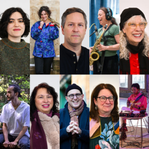 Portraits of Gabriella Garcia, Samantha Boshnack, Kevin Dean, Amy Denio, Ruth Marie Tomlinson. Carlos Snaider, Maiah A Merino, James Falzone, Natalie Pascale Boisseau, and BLUES.WEAVE