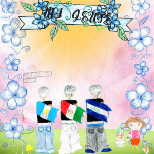 Illustration showing a banner reading Mi Gente, borders of flowers, and three people standing wearing flags.
