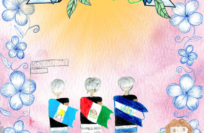 Illustration showing a banner reading Mi Gente, borders of flowers, and three people standing wearing flags.