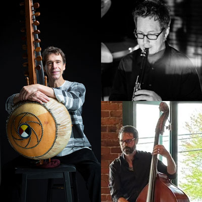 Photos of Chet Corpt with a kora, Eric Likkel playing clarinet, and Brady Kish playing bass.