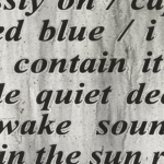 heavy black lower case text on a variegated, gray background. Partial words as well as "blue / i contain it quiet wake in the sun"