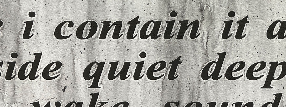 heavy black lower case text on a variegated, gray background. Partial words as well as "i contain it quiet deep"